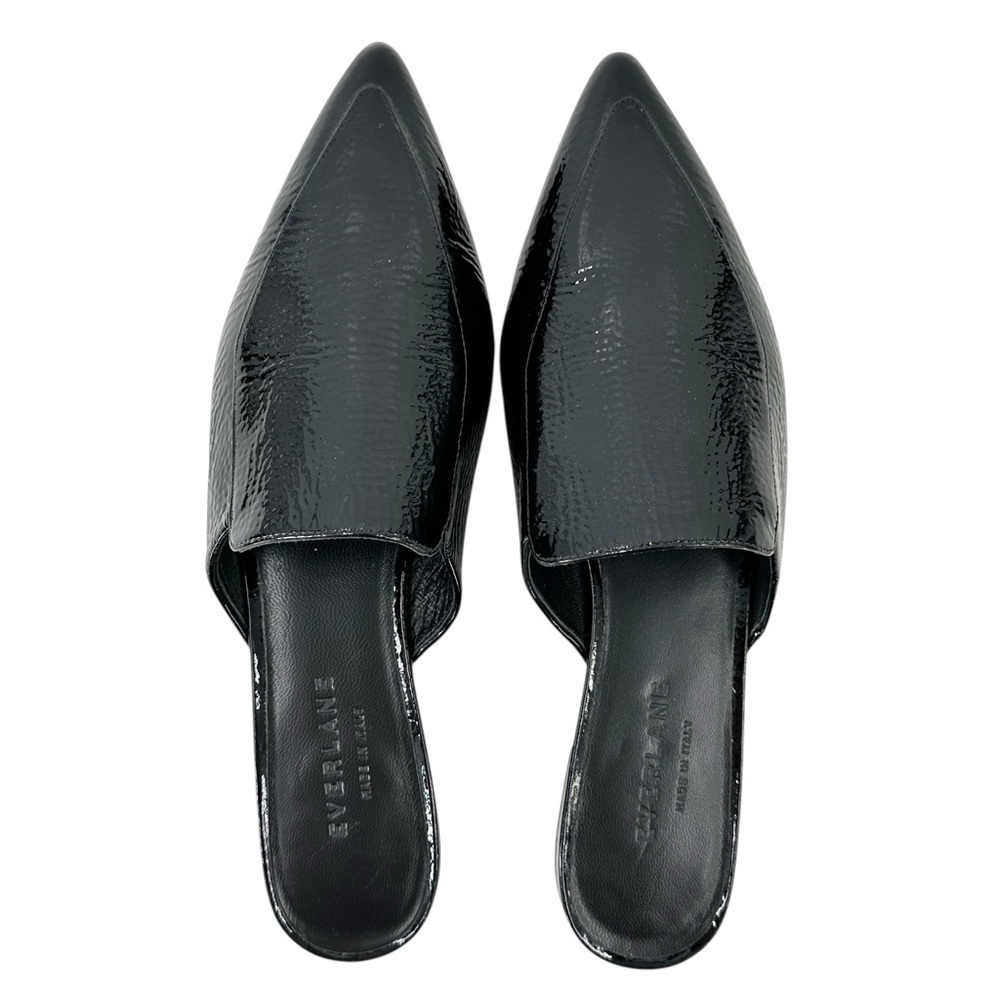 Everlane The Boss Mules - Black Pebbled Patent Leather Pointed Toe Mule Flats